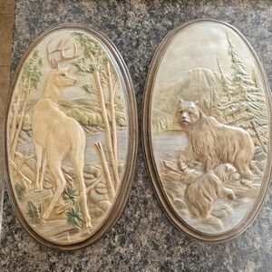 Rustic Wildlife Wall Plaques - Deer and Bear Design Heavy Ceramic Type